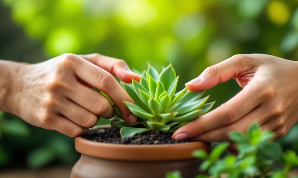 Mãos cuidando de suculenta em vaso, transmitindo bem-estar e conexão com a natureza através do cultivo.