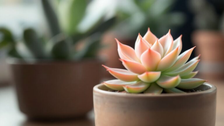 Suculenta Echeveria rosada em vaso decorativo, ideal para iniciantes no cultivo