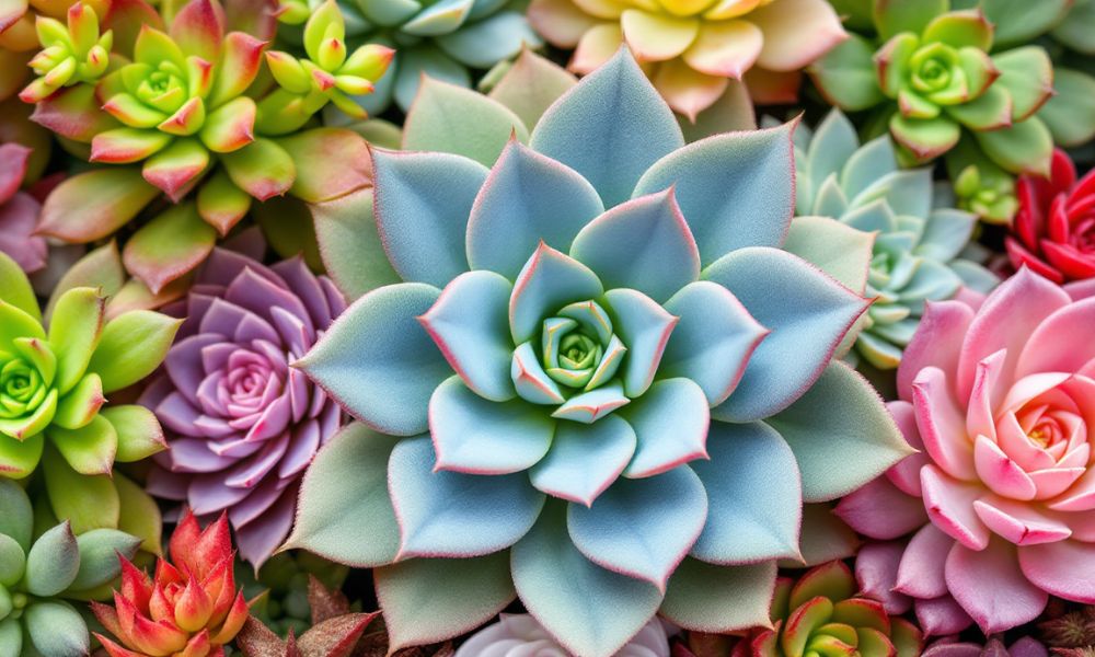 Diferentes tipos de suculentas coloridas: Echeveria Crassula Haworthia Agave