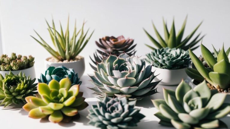 Variedade de suculentas verdes e coloridas em vasos brancos, incluindo Echeverias e espécies pontiagudas, destacando a diversidade de plantas suculentas potencialmente tóxicas.