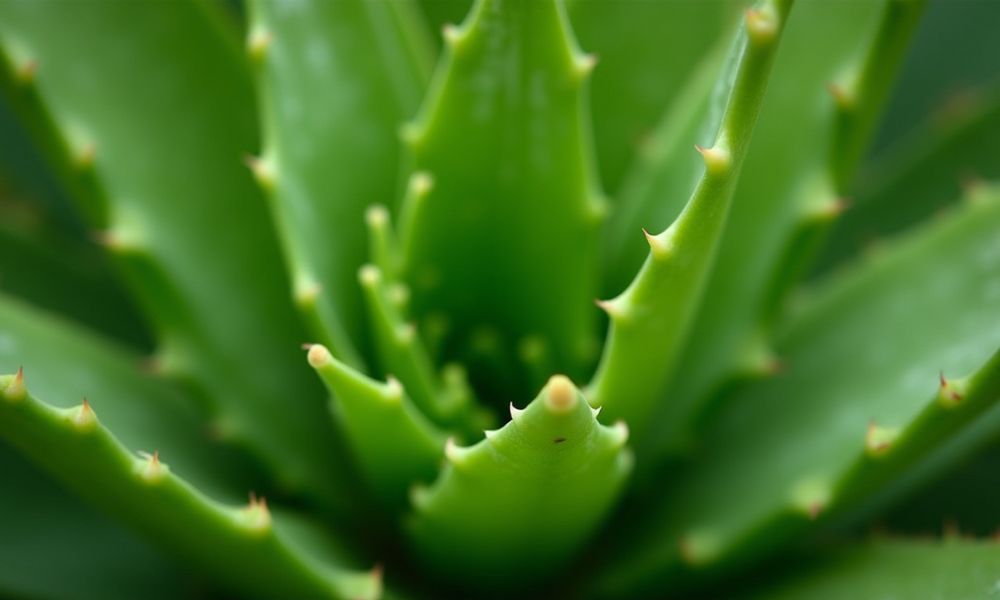 Vista superior de uma planta de Aloe vera (babosa) verde vibrante. Suas folhas grossas e carnudas crescem em padrão de roseta, com pequenos espinhos pontiagudos amarelados nas bordas, alertando sobre o látex tóxico.