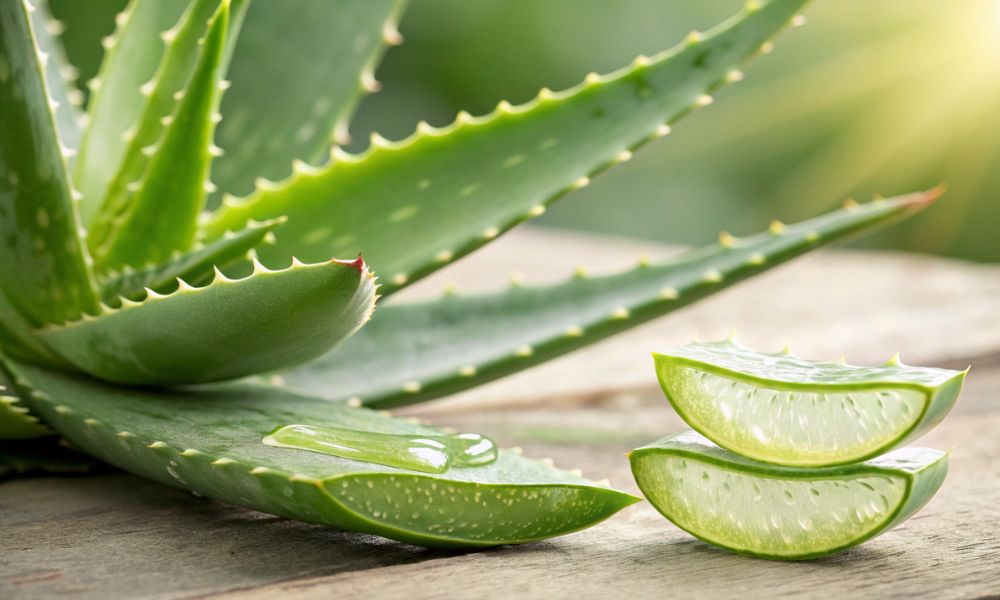 Detalhe de folhas de Aloe vera (babosa) com espinhos e uma gota de seu gel translúcido. A imagem mostra a planta em seu uso medicinal e como suculenta. Atenção: O látex da babosa é tóxico para pets e em grandes quantidades para humanos.