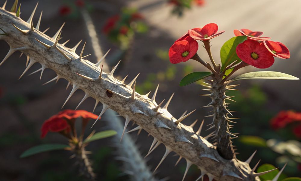Coroa de Cristo (Euphorbia milii), uma suculenta tóxica com caule espinhoso proeminente e flores vermelhas vibrantes, destacando sua beleza e perigo.