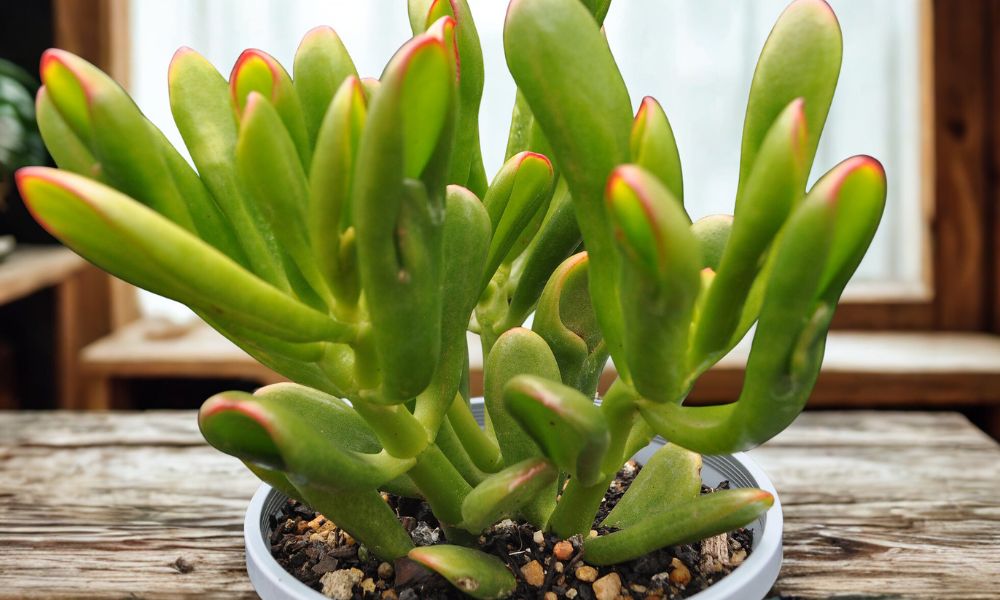 Suculenta Crassula ovata 'Gollum' (Orelha de Shrek) em vaso branco, exibindo folhas tubulares verdes com marcantes pontas e bordas avermelhadas.