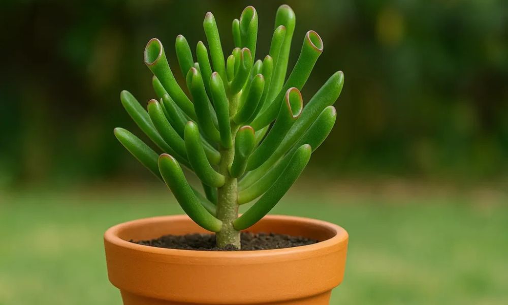 Suculenta Crassula ovata 'Gollum' (Orelha de Shrek) com folhas tubulares verdes e pontas avermelhadas, em vaso de terracota.