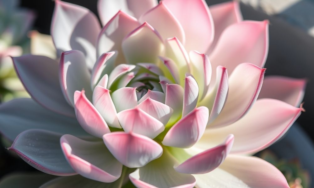 Graptopetalum paraguayense, conhecida como Planta-fantasma, exibe rosetas de folhas em tons pastel. É uma suculenta não-tóxica que muda de cor com a exposição solar.