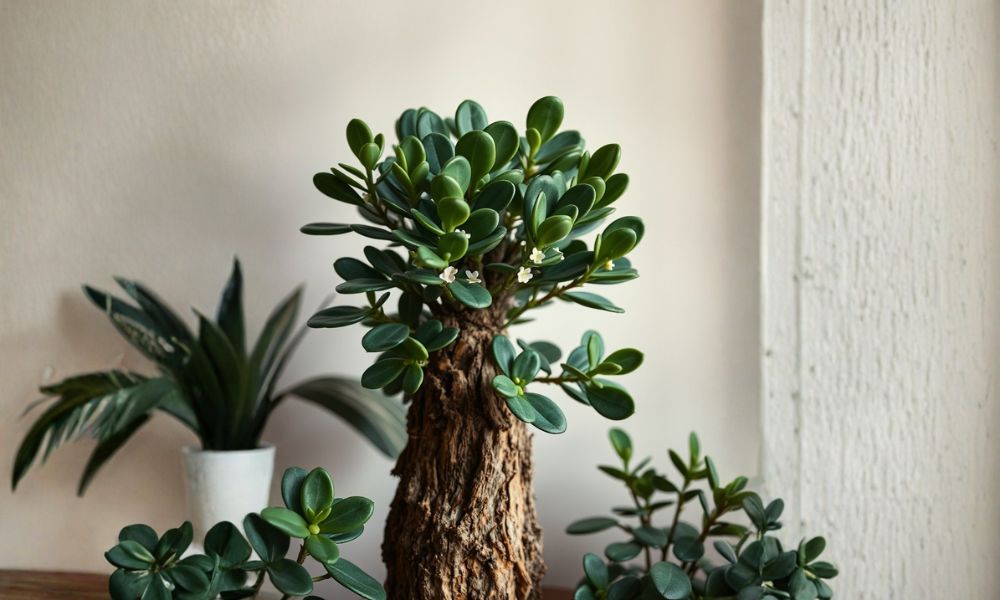 Crassula ovata, a popular Planta-jade, com folhas verdes brilhantes e carnudas e um caule espesso, simbolizando prosperidade. Atenção: Planta-jade é tóxica para animais de estimação.