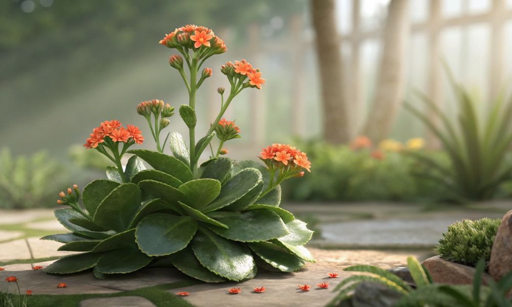 Kalanchoe blossfeldiana (Flor-da-fortuna) com flores laranja vibrantes e folhas verdes suculentas, planta tóxica para animais de estimação.