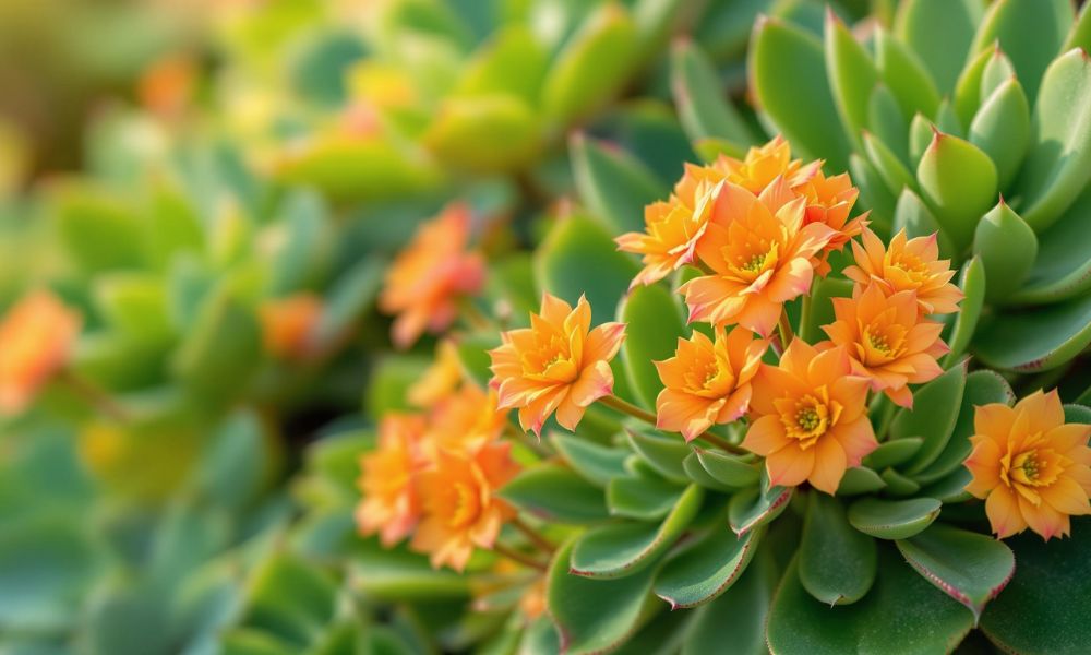 Suculenta florida com pequenas flores laranjas vibrantes e folhas verdes carnudas, uma planta bonita que pode ser tóxica para pets ou humanos. suculenta tóxica, alerta verde, planta venenosa, flor laranja.
