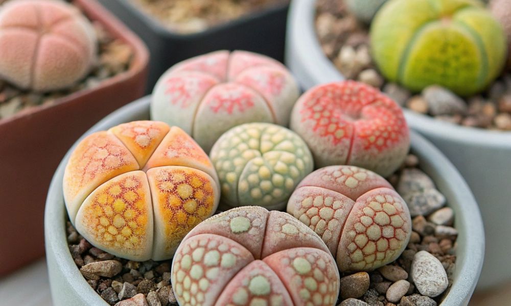 Coleção de plantas Lithops, conhecidas como "pedras vivas" ou "living stones", dispostas em vasos rasos com substrato granular. As plantas exibem uma impressionante variedade de cores e padrões, com suas folhas carnudas e fusionadas simulando pedras, e uma fenda central em cada uma. Há tons de rosa, vermelho, amarelo, laranja, verde e cinza-amarronzado, com texturas intricadas na superfície superior.

