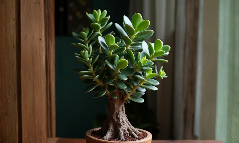 Crassula ovata (Planta-jade) com folhas ovais carnudas verde-escuras, suculenta tóxica popular como planta de interior.