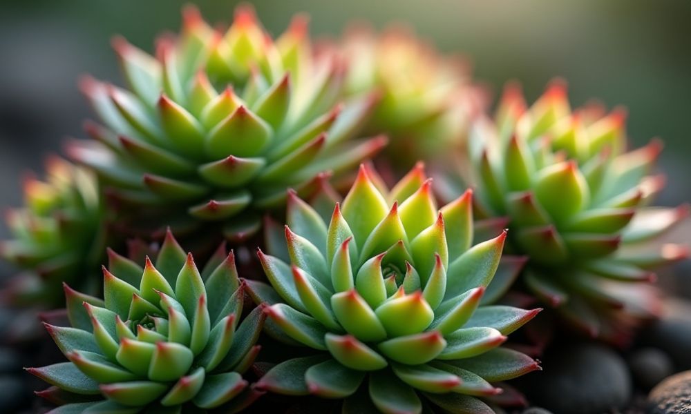 Sempervivum tectorum (Sempre-viva) com rosetas compactas em tons de verde e vermelho, suculenta resistente ao frio e não-tóxica