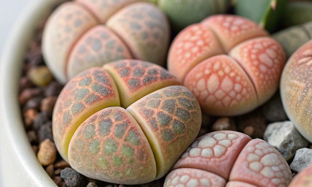 Lithops (Plantas-pedra) com pares de folhas que parecem seixos coloridos, suculentas inofensivas ideais para pequenos espaços.
