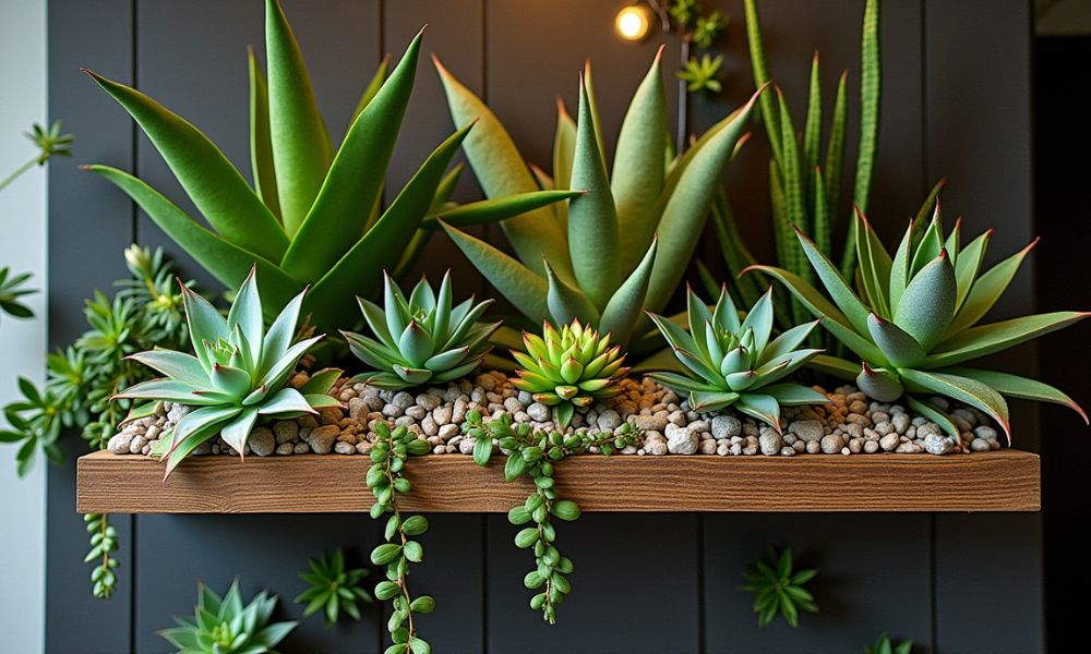 Jardim vertical com suculentas tóxicas posicionadas estrategicamente fora do alcance de crianças e animais de estimação