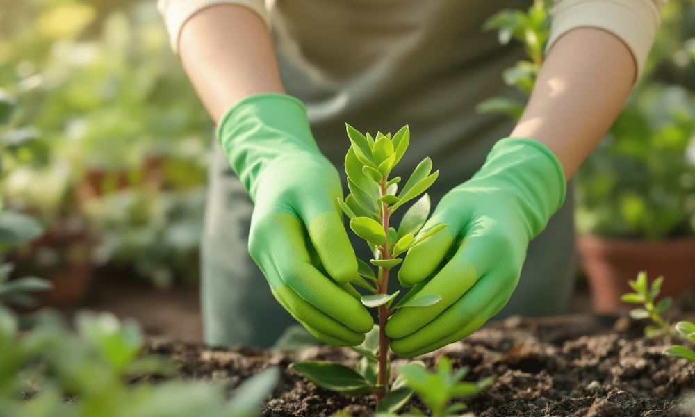 Jardineiro usando luvas de proteção ao manusear uma planta tóxica, demonstrando práticas seguras com suculentas tóxicas.