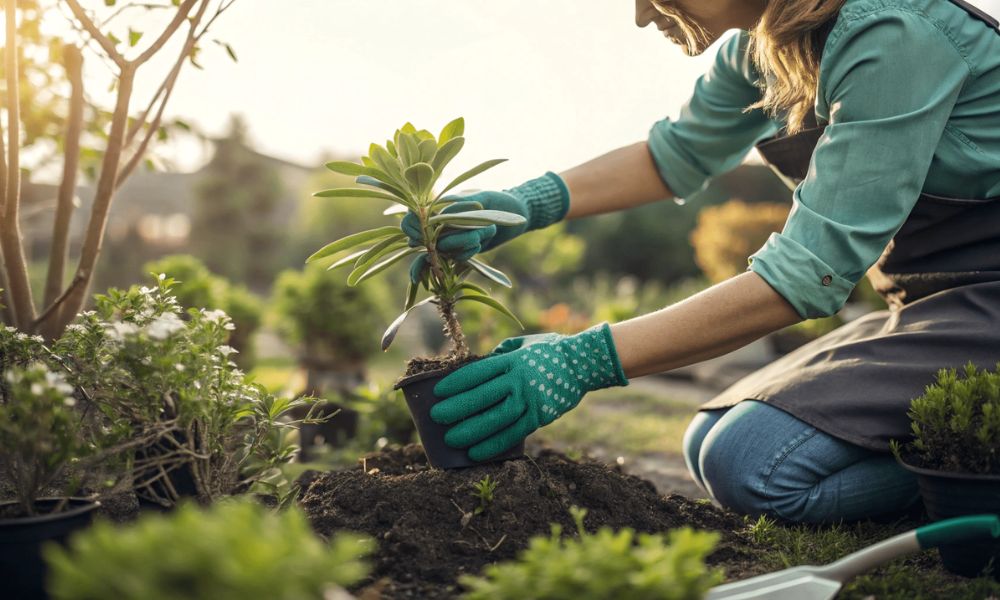Jardineiro com luvas de proteção manuseando uma planta suculenta, ilustrando práticas seguras ao lidar com espécies tóxicas.