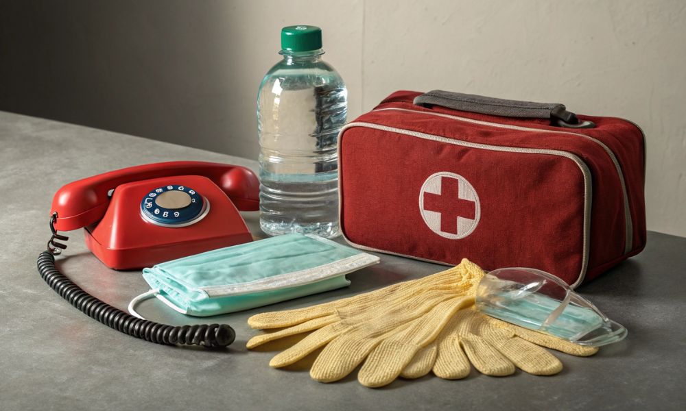Kit de primeiros socorros para lidar com exposição a suculentas tóxicas, incluindo luvas, água corrente e telefone para emergências.