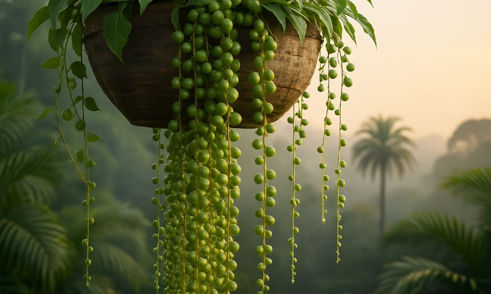 Senecio rowleyanus (Colar-de-pérolas) com folhas esféricas em longos caules pendentes, suculenta tóxica decorativa para vasos suspensos.