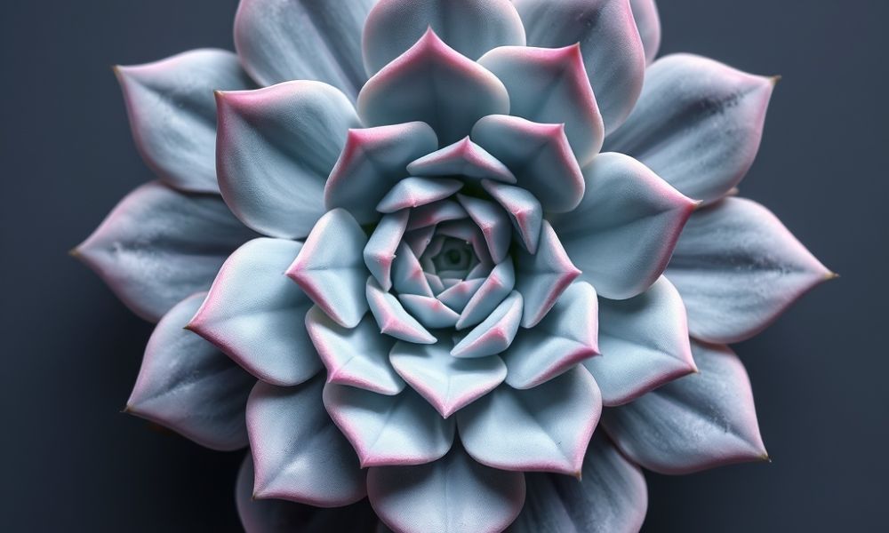 Echeveria elegans, conhecida como Rosa-de-pedra, exibe uma roseta simétrica de folhas azul-acinzentadas. Esta suculenta é não-tóxica e segura para crianças e pets.