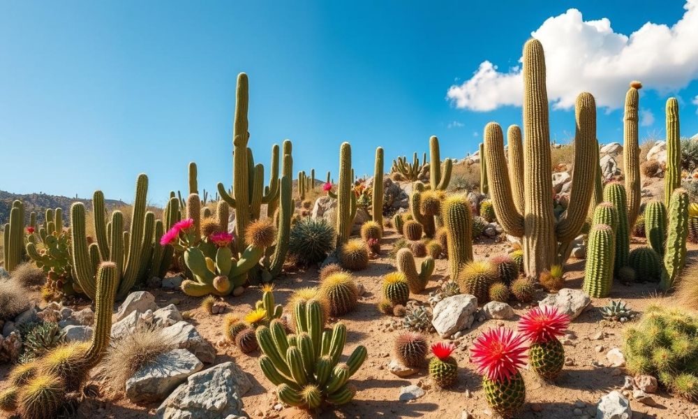 Jardim de cactos em seu habitat natural, entre pedras e um solo mais seco.