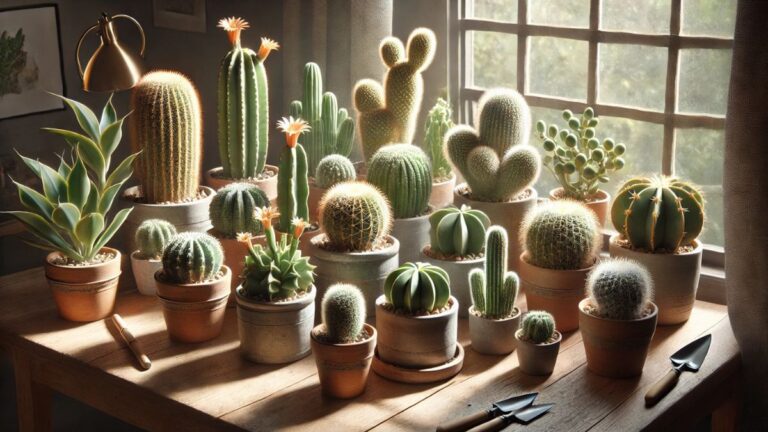 Cactos em vasos de cerâmica de diversos tamanhos e formatos sobre uma mesa com boa luminosidade