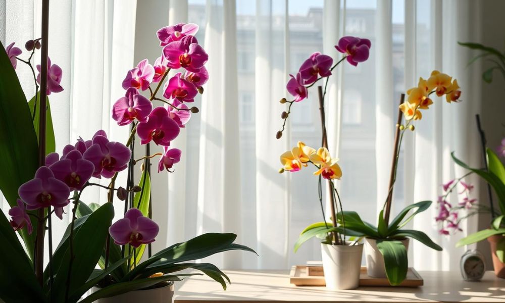 Orquideas phalaenopsis coloridas em um ambiente iluminado, leve e ventilado