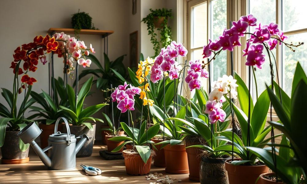 Orquideas phalaenopsis coloridas e vibrantes em vasos de ceramica sobre uma mesa de madeira com iluminação adequada