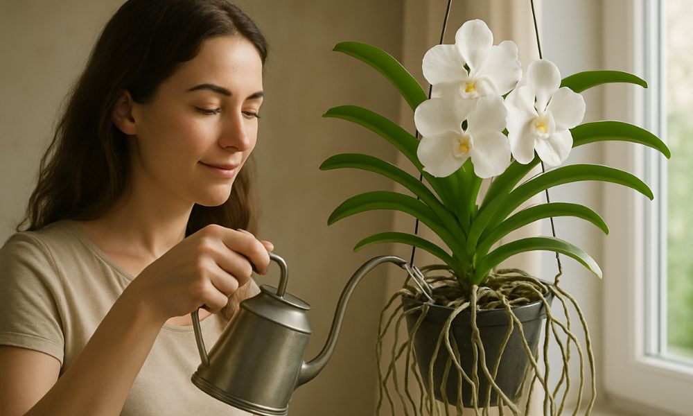 Mulher com regador delicadamente molhando uma majestosa orquídea Vanda branca em vaso suspenso, suas raízes aéreas visíveis, em um ambiente bem iluminado, destacando o cuidado e a beleza natural.