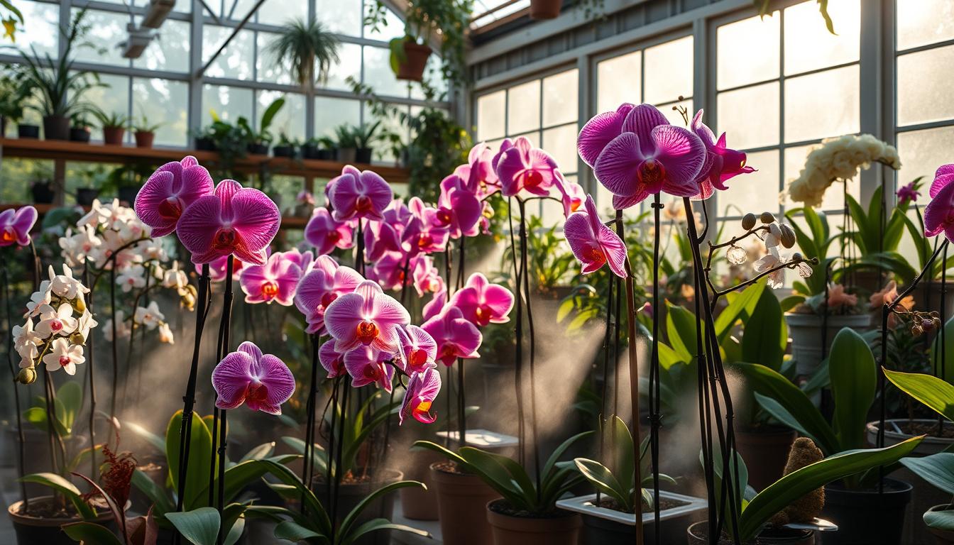 Orquídeas Phalaenopsis roxas e brancas em plena floração dentro de uma estufa iluminada, com luz solar filtrada e umidade, promovendo o cultivo ideal.