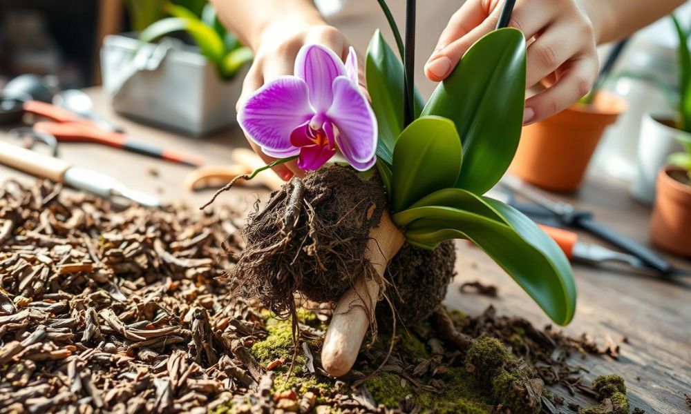 Orquídea Phalaenopsis com raízes aéreas saudáveis em substrato de casca de pinus e musgo, exemplificando as condições ideais para o crescimento e aeração.
