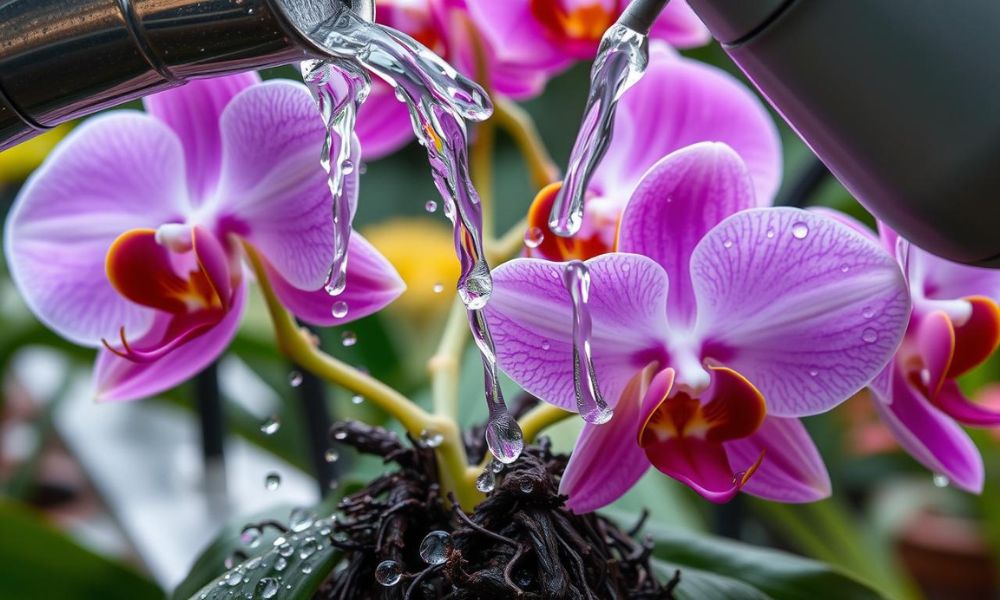 Orquídea Phalaenopsis roxa sendo regada com água fresca, gotas nas pétalas e raízes expostas. Rega correta para orquídeas saudáveis.