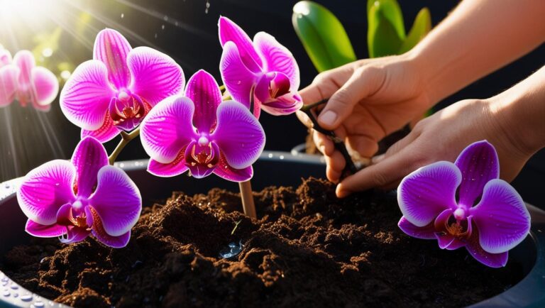 Plantando mudas de orquídeas lolás com bordas brancas