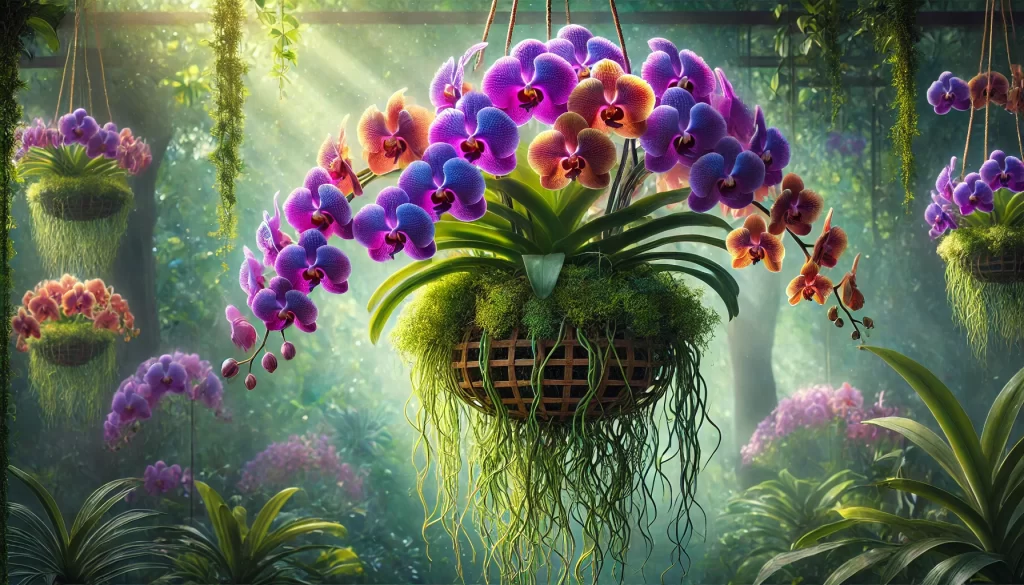 Orquídeas Vanda coloridas em cesto suspenso com raízes aéreas visíveis, florescendo em ambiente tropical com luz natural filtrada – ideal para jardins e amantes de orquídeas exóticas.
