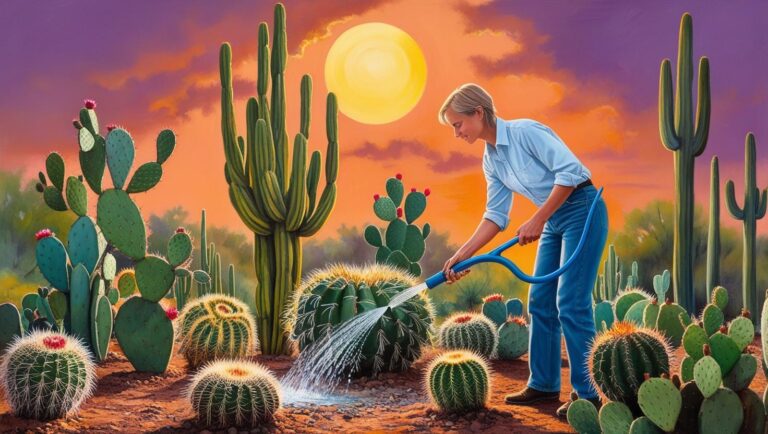 Mulher com uma mangueira de água regando um jardim de cactos evitando os Erros Comuns na Rega de Cactos