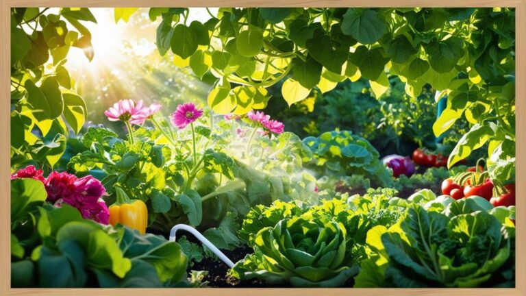 Jardim exuberante com vegetais saudáveis como alface, pimentões e tomates, flores vibrantes e raios de sol, mostrando o sucesso no cultivo de plantas e jardinagem.