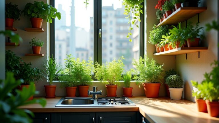 Horta urbana e vertical em apartamento, com diversas ervas aromáticas em vasos de terracota, prateleiras de madeira e plantas no parapeito de uma janela de cozinha ensolarada.