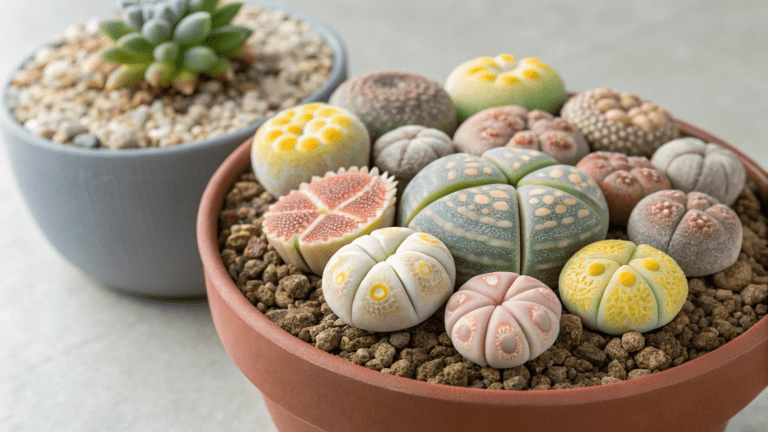coleção de lindos lithops coloridos de vários tamanhos e a importância de como regar Lithops corretamente para evitar apodrecimento