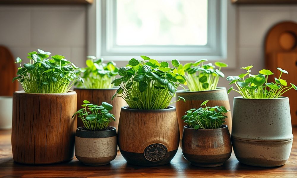 Microgreens de diferentes variedades crescendo em pequenos recipientes reciclados, mostrando o cultivo em espaço mínimo dentro de casa.