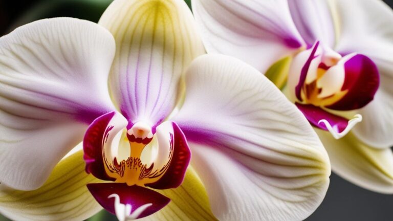Close-up de orquídea Phalaenopsis branca e roxa com centro amarelo-ouro e detalhes em bordô, com outra orquídea desfocada ao fundo.