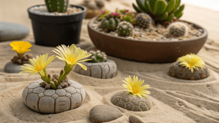 ciclo de vida dos Lithops e alguns lithps floridos com flores amarelas
