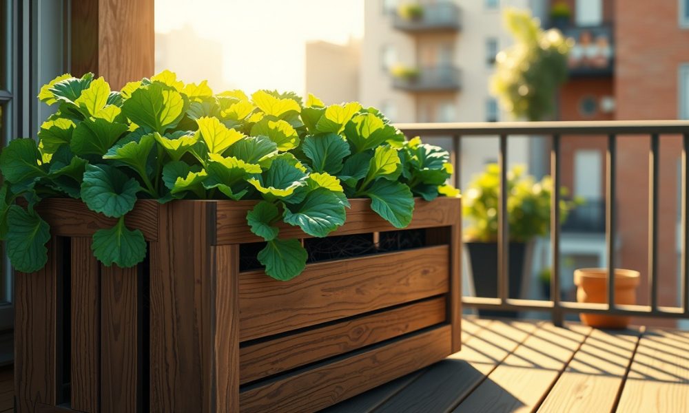 Horta em varanda com canteiro em caixote de madeira, repleto de folhas verdes vibrantes sob a luz do sol, ideal para cultivo em pequenos espaços urbanos.