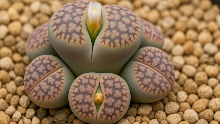 Um grupo de Lithops (pedras vivas) com padrões roxos e verdes, uma delas com uma pequena flor branca emergindo, plantadas em um substrato de cascalho claro, ideal para o cultivo externo de suculentas.