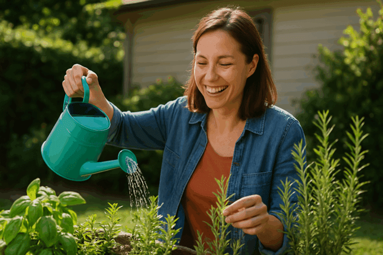 Mulher sorridente regando seu jardim durante o dia, com um regador azul-turquesa, cercada por plantas verdes sob a luz do sol em um quintal residencial. Mulher sorridente regando seu jardim durante o dia, com um regador azul-turquesa, cercada por plantas verdes sob a luz do sol em um quintal residencial. Mulher sorridente regando seu jardim durante o dia, com um regador azul-turquesa, cercada por plantas verdes sob a luz do sol em um quintal residencial.