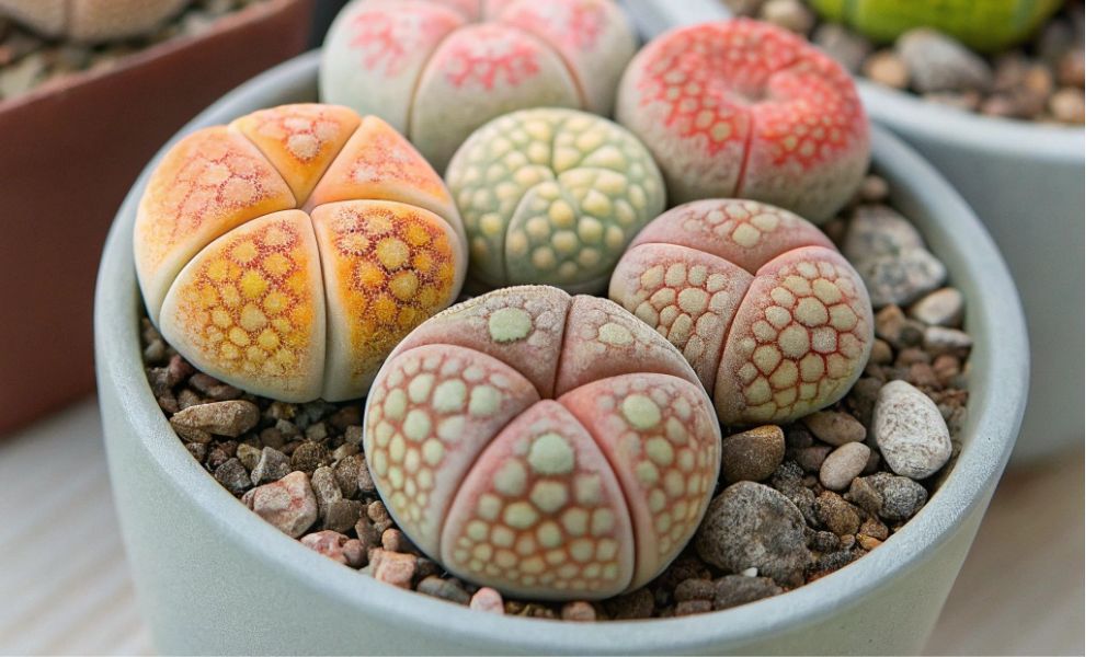 Um arranjo de diversos Lithops, as "plantas pedra" ou "cactos pedra", exibindo cores e padrões variados como verde, marrom e roxo, alguns com delicadas flores brancas e amarelas desabrochando. Estão plantados em um substrato de cascalho e pedriscos, ideal para o cultivo em ambientes externos.