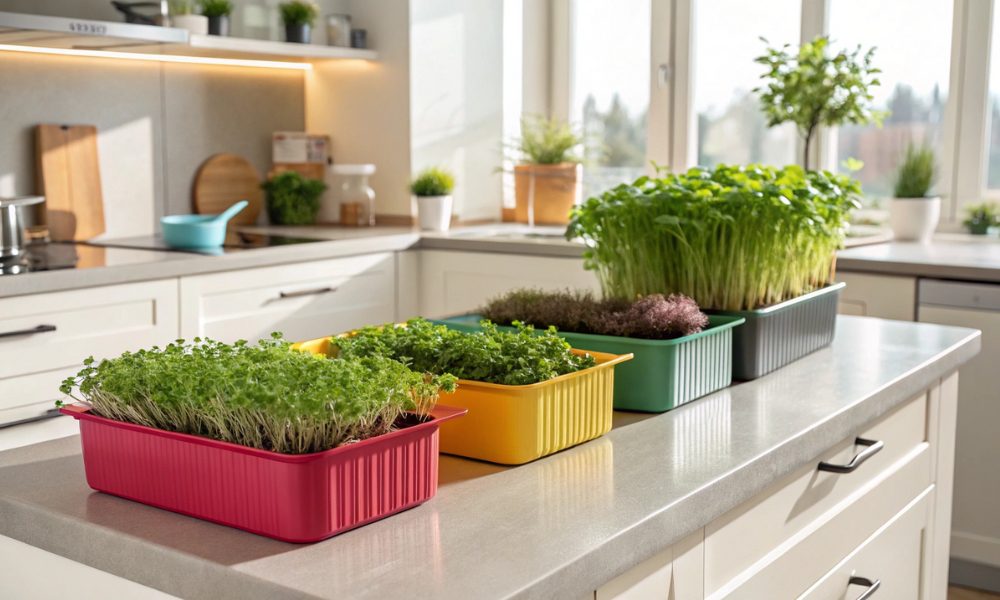 Microgreens de diferentes variedades crescendo em pequenos recipientes reciclados, mostrando o cultivo em espaço mínimo dentro de casa.