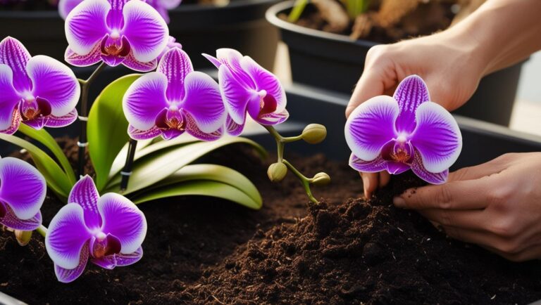 Orquídeas lilás sendo plantadas