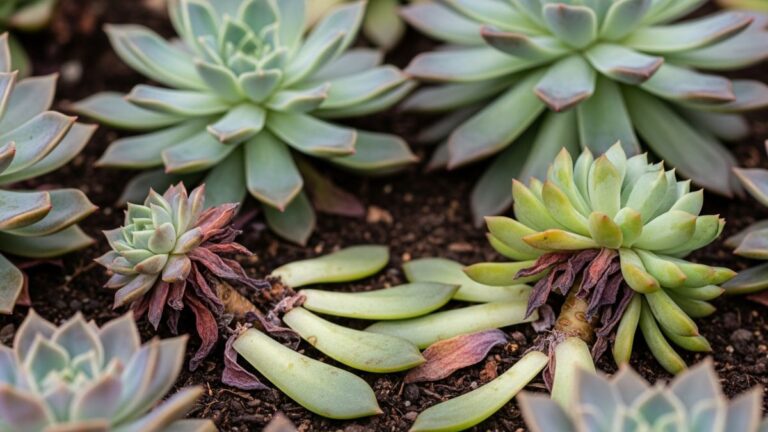 Imagem em close-up de várias suculentas Echeveria no solo, mostrando algumas com folhas secas e murchas na base e diversas folhas verdes caídas, indicando perda de folhas e possíveis problemas ou propagação natural.
