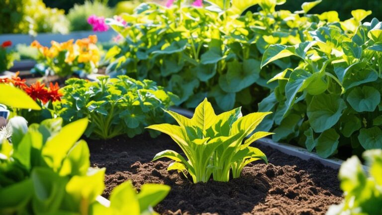 Crescimento de plantas saudáveis em canteiro de jardim bem cuidado, destacando o cultivo em solo orgânico e livre de pragas.