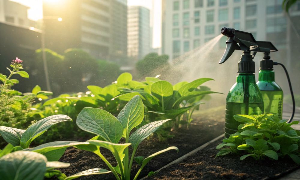 Aplicação de inseticida natural caseiro em horta urbana demonstrando práticas de jardinagem sustentável.