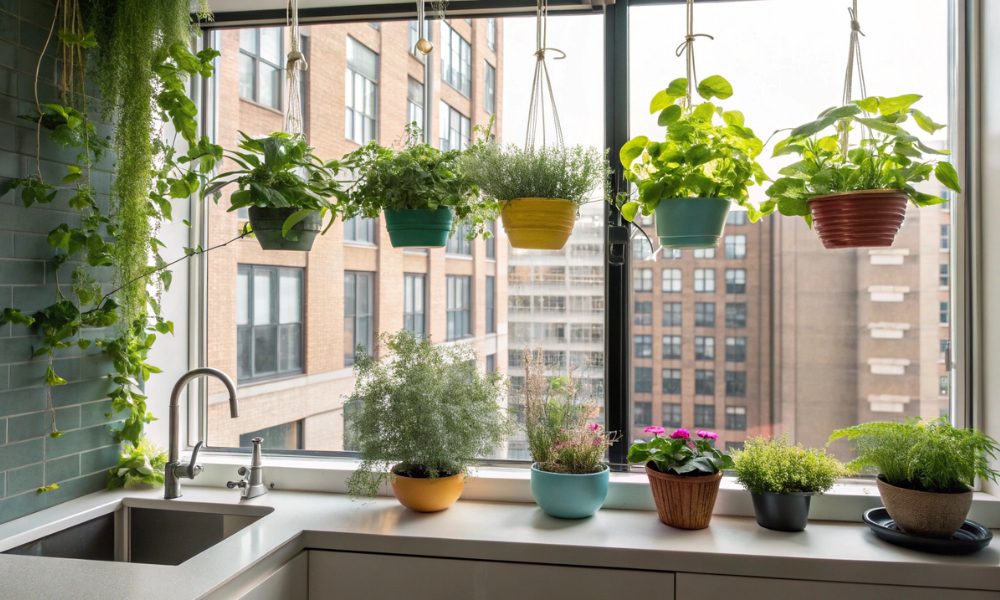 Horta urbana compacta em apartamento, combinando cultivo vertical, vasos e plantas suspensas para otimizar o espaço e a produção.